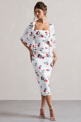 Rose Print Cape-Sleeve Midi Dress